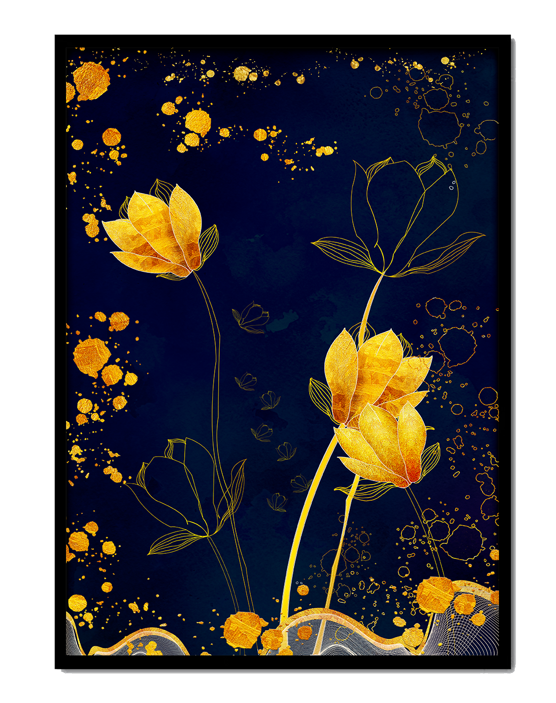 Elegant floral artwork with golden accents on deep blue background