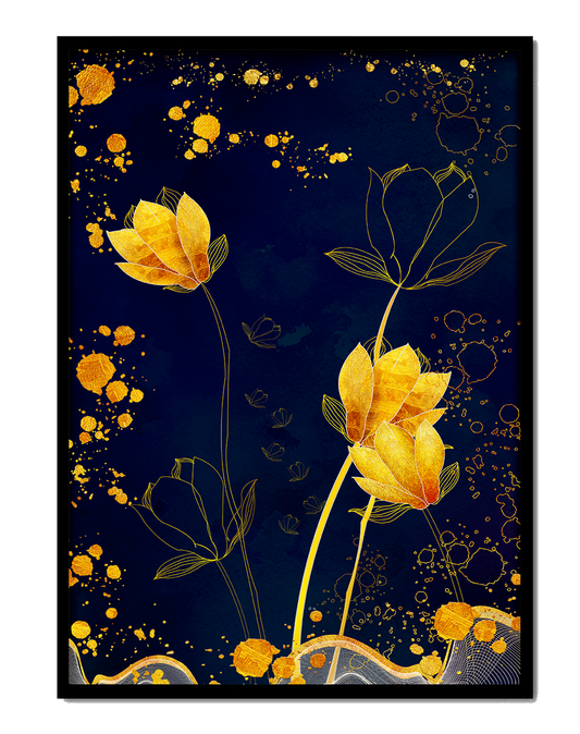 Elegant floral artwork with golden accents on deep blue background