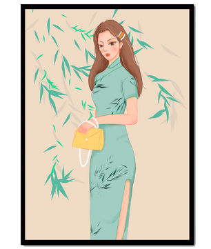 Elegant Woman in Traditional Dress Holding a Yellow Clutch with Bamboo Background