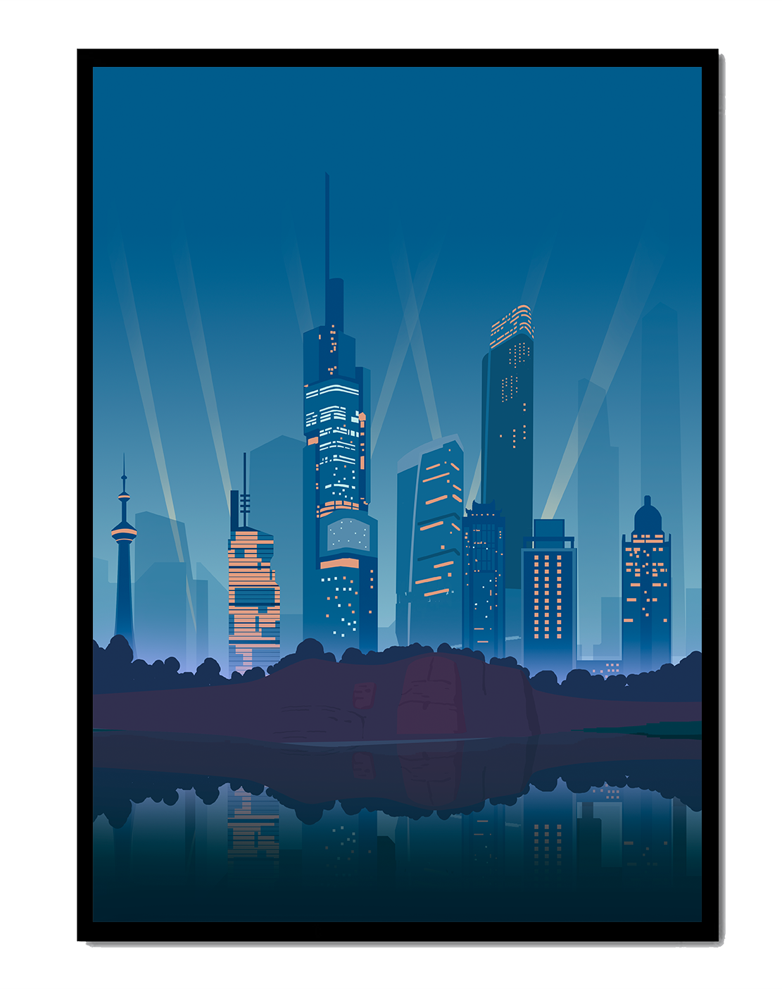 Modern cityscape with illuminated skyscrapers reflecting on water