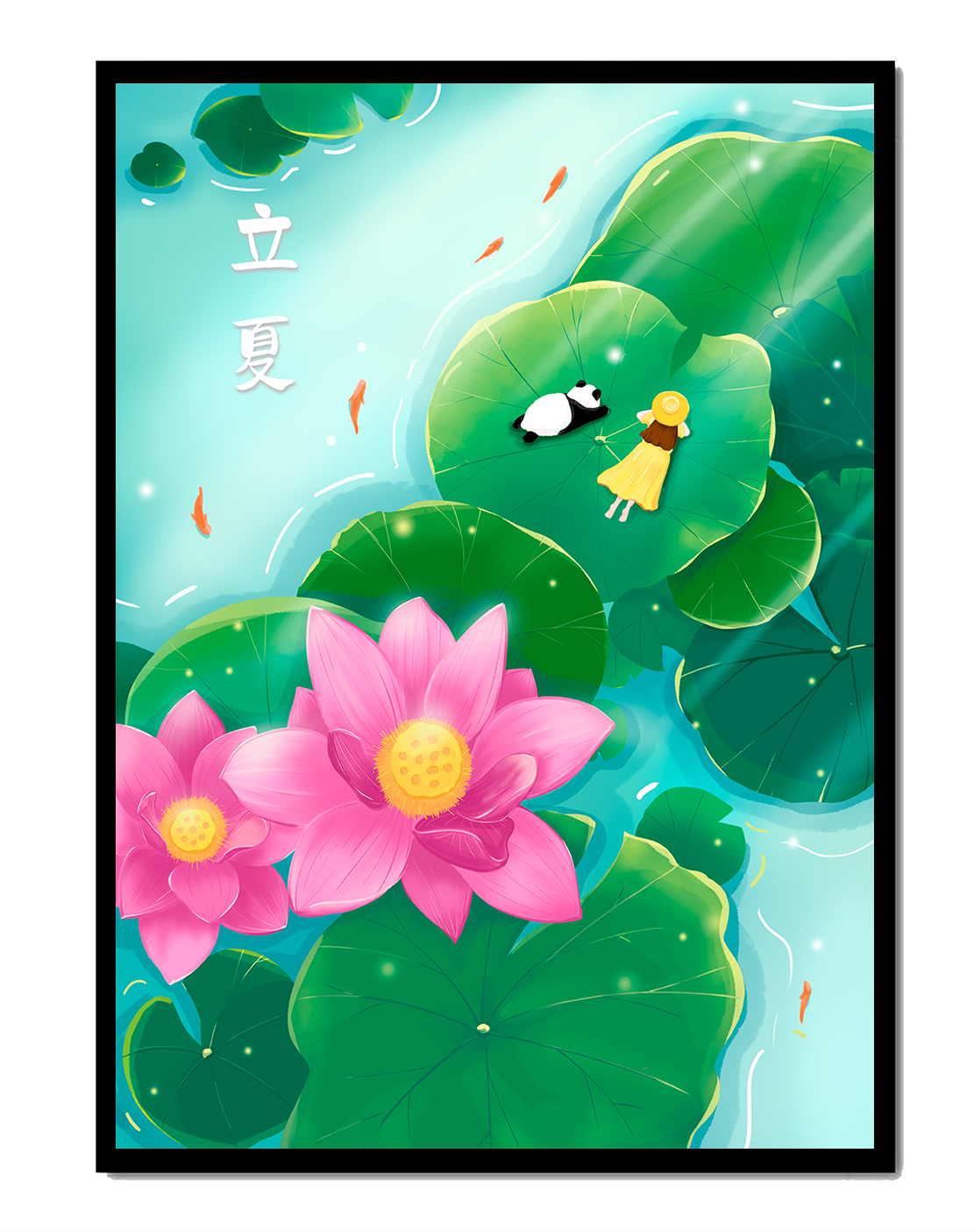 Girl and Panda Relaxing on Lily Pads with Pink Lotus and Goldfish