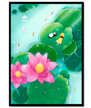 Girl and Panda Relaxing on Lily Pads with Pink Lotus and Goldfish