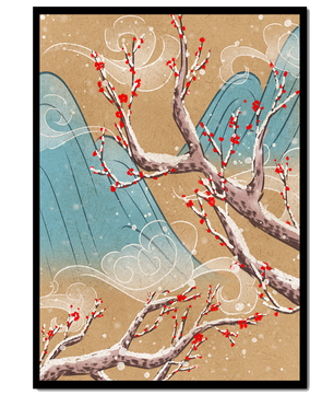 Traditional Japanese landscape with blooming cherry branches
