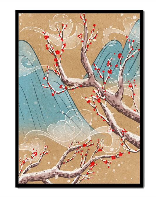 Traditional Japanese landscape with blooming cherry branches