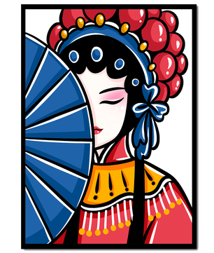 Traditional Asian opera character with fan and decorative headpiece