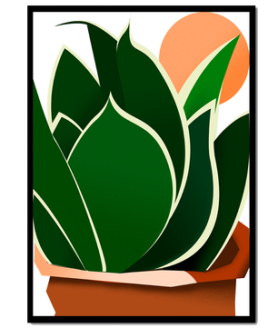 Ilustración contemporánea de una planta serpiente con fondo de amanecer