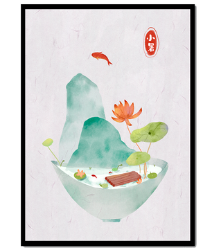 Paysage tranquille avec poissons, lotus et montagne dans un bol
