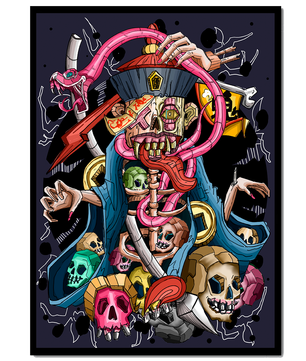 Colorful skeleton with skulls and snake illustration