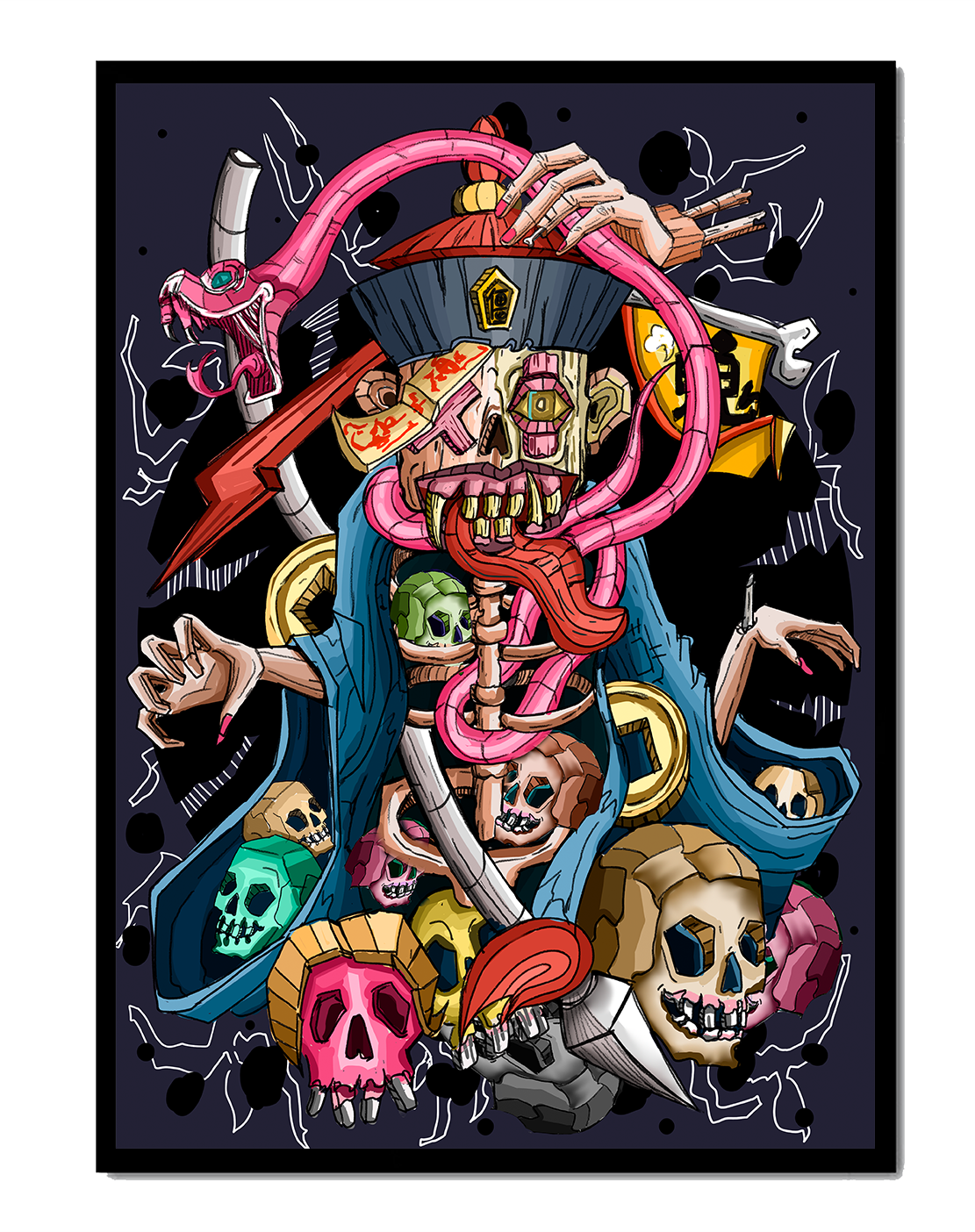 Colorful skeleton with skulls and snake illustration