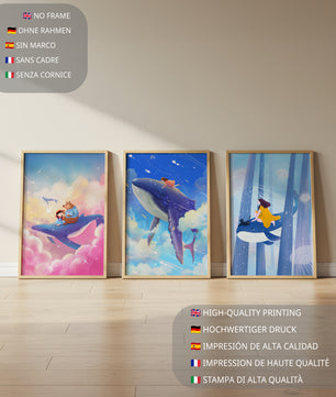 Tableaux fantastiques avec des baleines volantes pour décoration enfantine