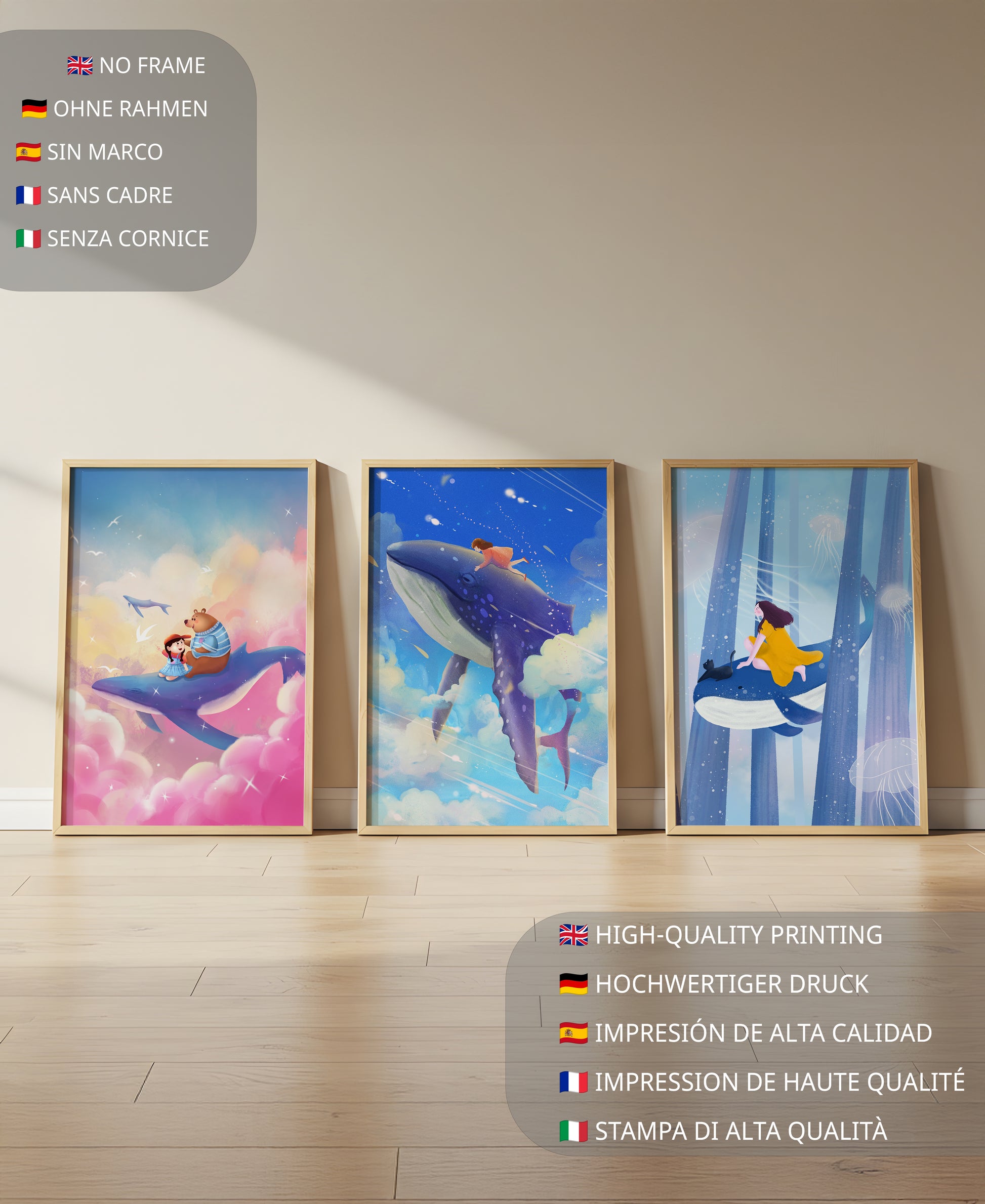 Tableaux fantastiques avec des baleines volantes pour décoration enfantine