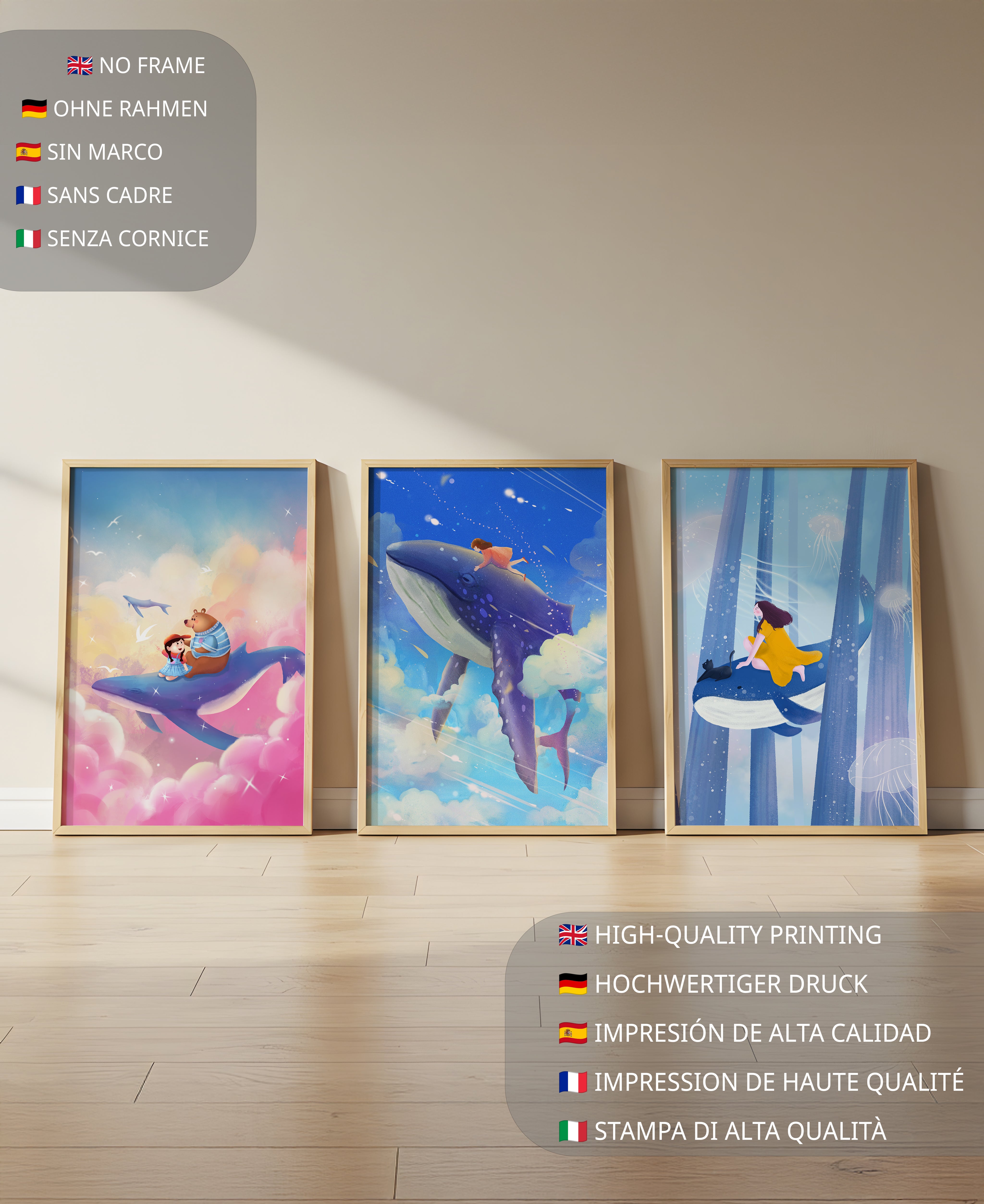 Cuadros Fantásticos con Ballenas Voladoras para Decoración Infantil