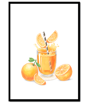 Illustration of a refreshing orange juice with fresh oranges and splash
