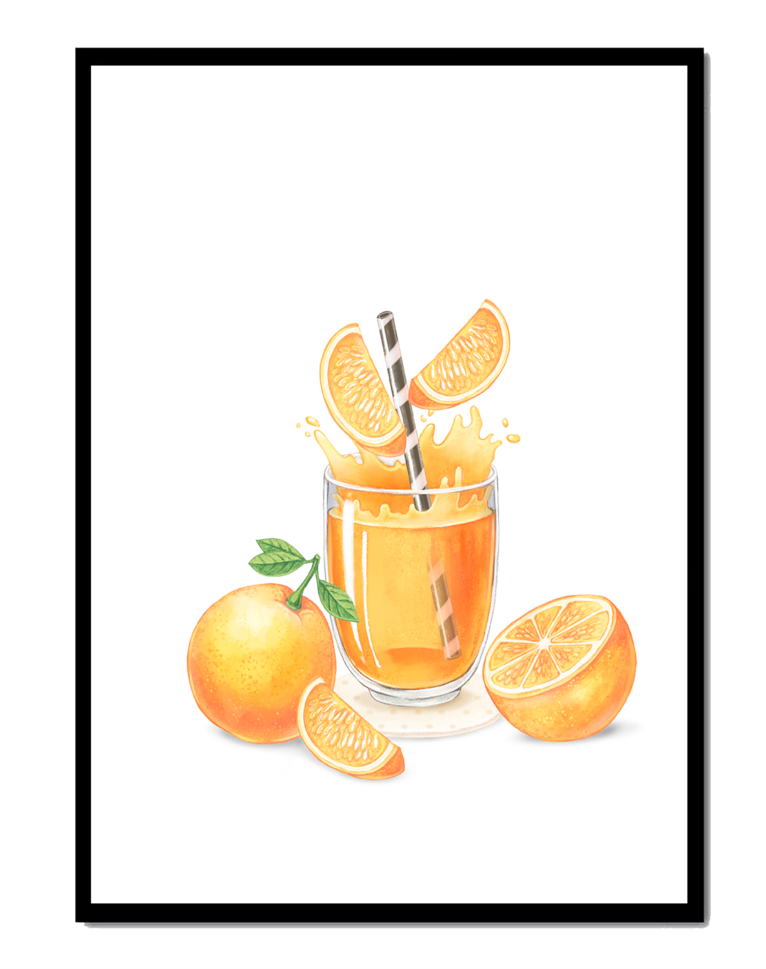 Illustration of a refreshing orange juice with fresh oranges and splash
