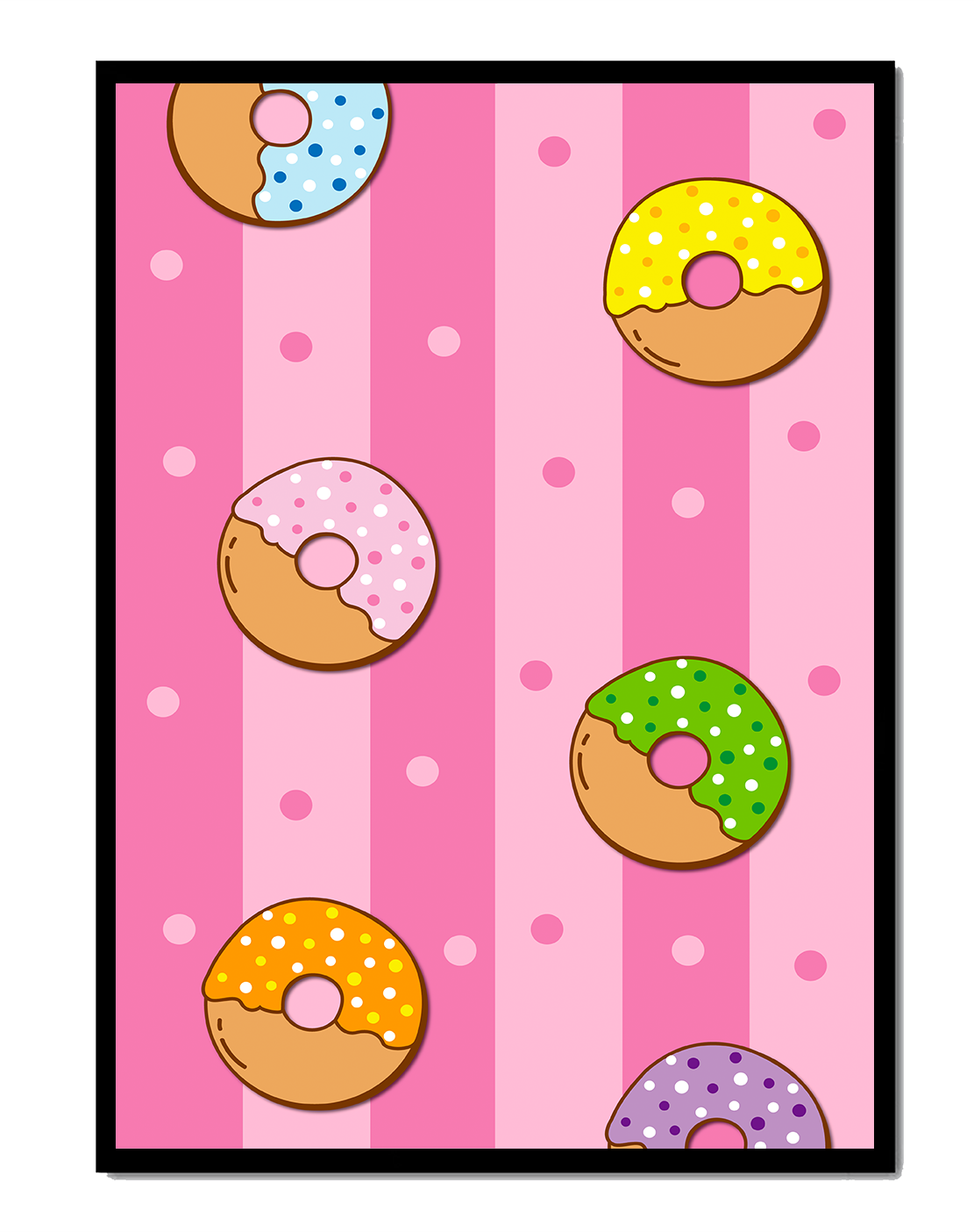 Colorful donut pattern on pink striped background