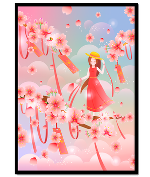 Scène printanière sereine avec des cerisiers en fleurs et une fille portant un chapeau
