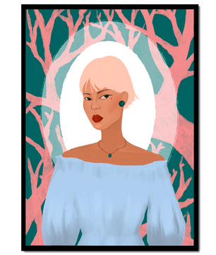 Illustration einer Frau mit einem pastellfarbenen Hintergrund aus abstrakten Bäumen