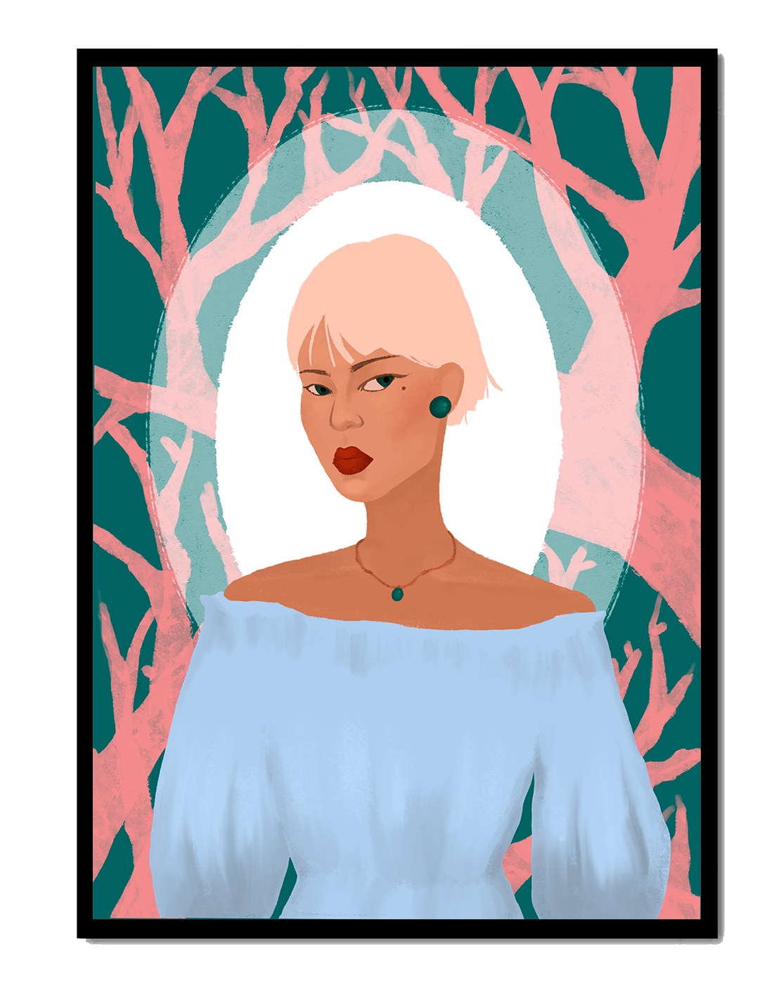 Illustration einer Frau mit einem pastellfarbenen Hintergrund aus abstrakten Bäumen