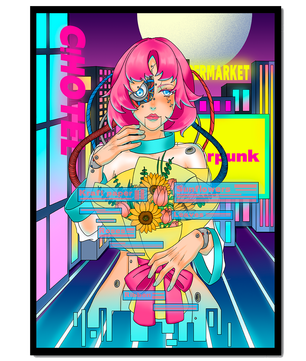 Mujer ciberpunk futurista con un ramo de flores en un paisaje urbano de neón