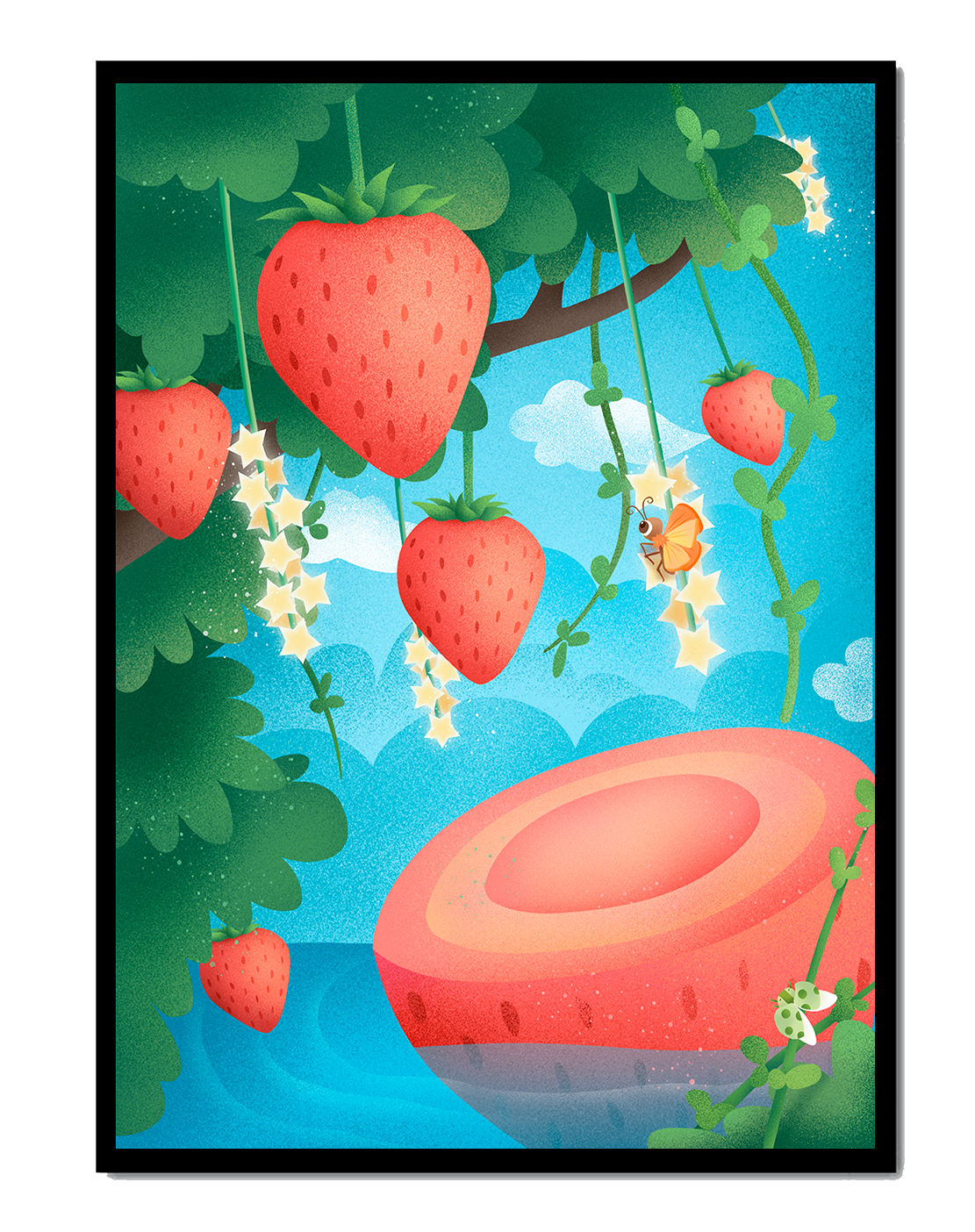 Illustrated strawberries in a whimsical garden setting
