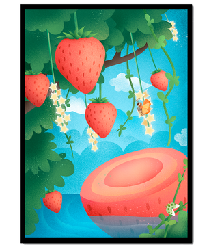 Illustrated strawberries in a whimsical garden setting