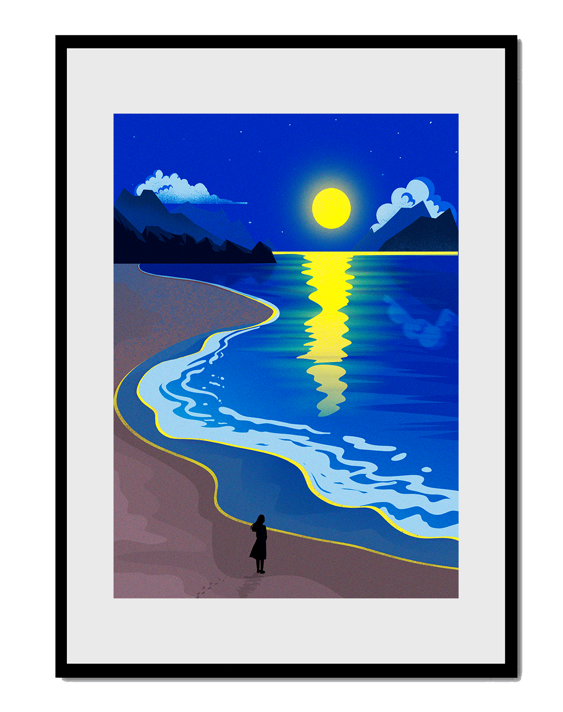 Moonlit Beach with Mountains and Reflections Under Night Sky