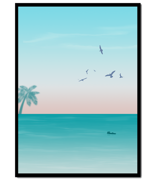 Serene Beach Landscape with Palm Trees and Seagulls at Sunset