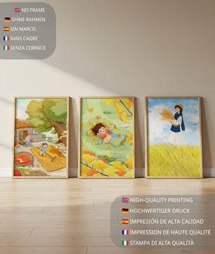 Triptyque d’illustrations d’automne avec des enfants et des paysages