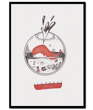 Ilustración de una ballena dentro de una pecera con una regla rosa