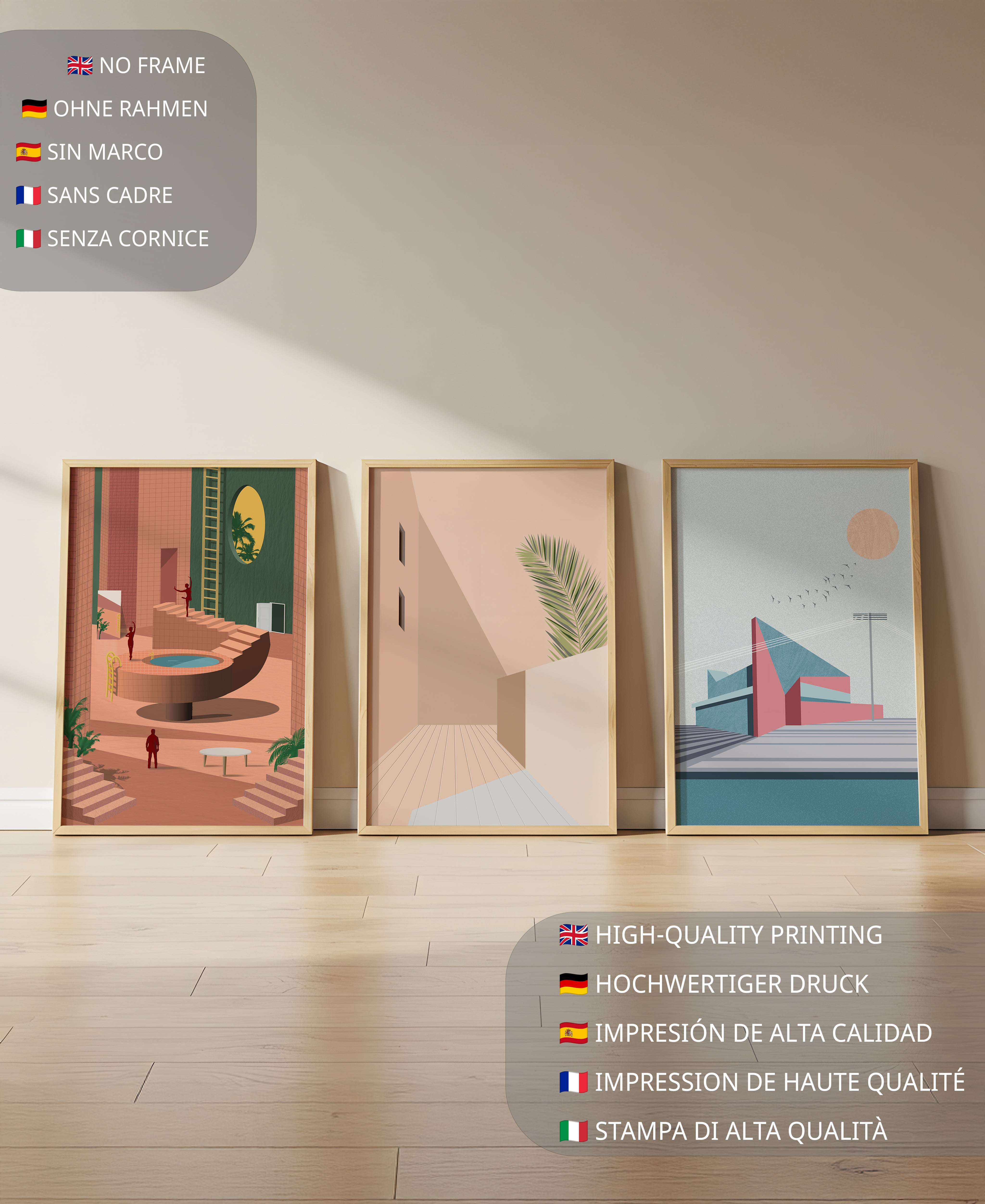 Composición Moderna de Decoración Interior con Cuadros Coloridos