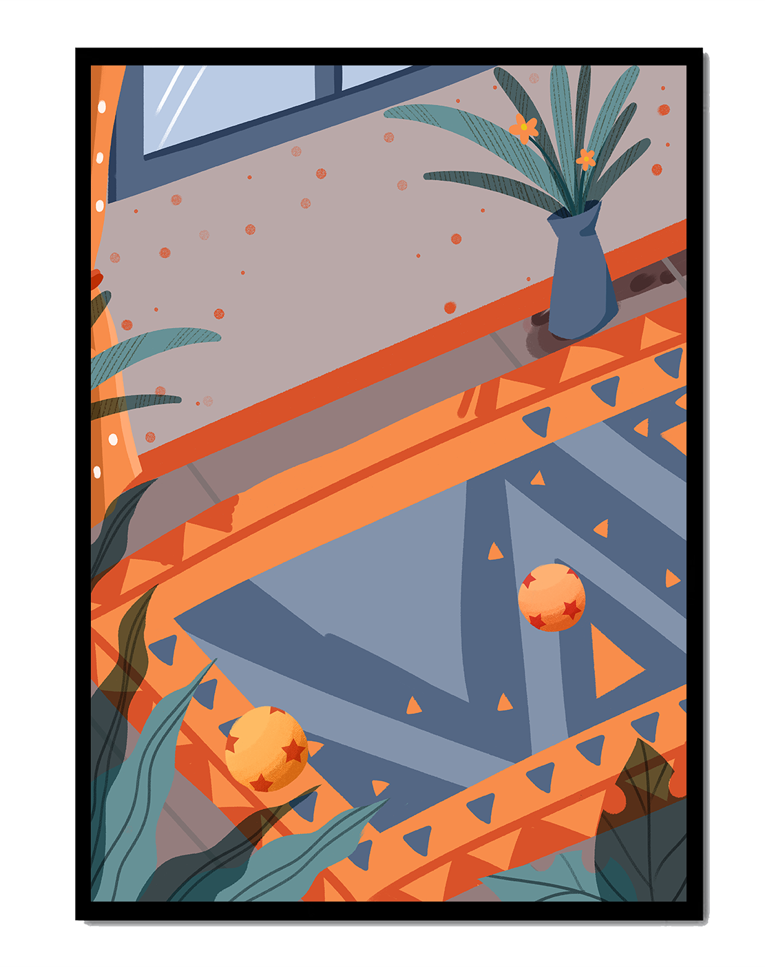 Interior abstracto moderno con patrones geométricos y planta