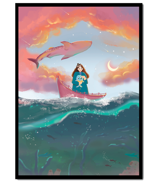 Illustration fantaisiste d'une fille sur un bateau avec une baleine volante