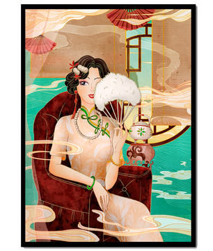 Œuvre d'art élégante d'inspiration asiatique vintage représentant une femme avec un éventail
