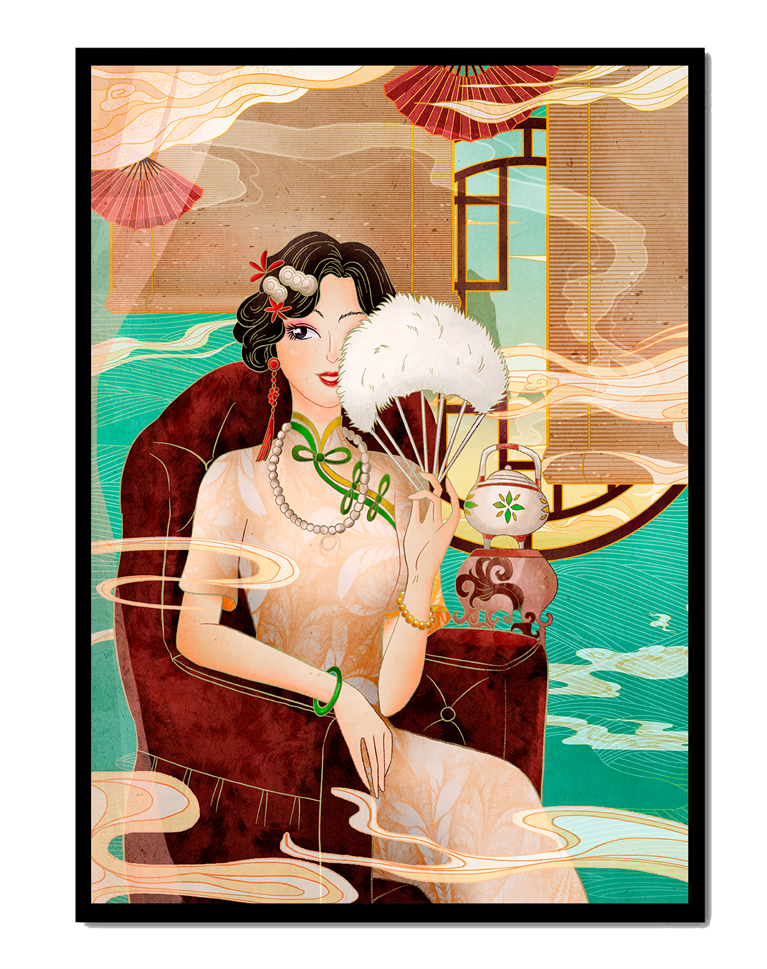 Elegant vintage Asian-inspired artwork featuring a woman with a fan