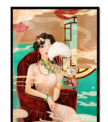 Elegant vintage Asian-inspired artwork featuring a woman with a fan