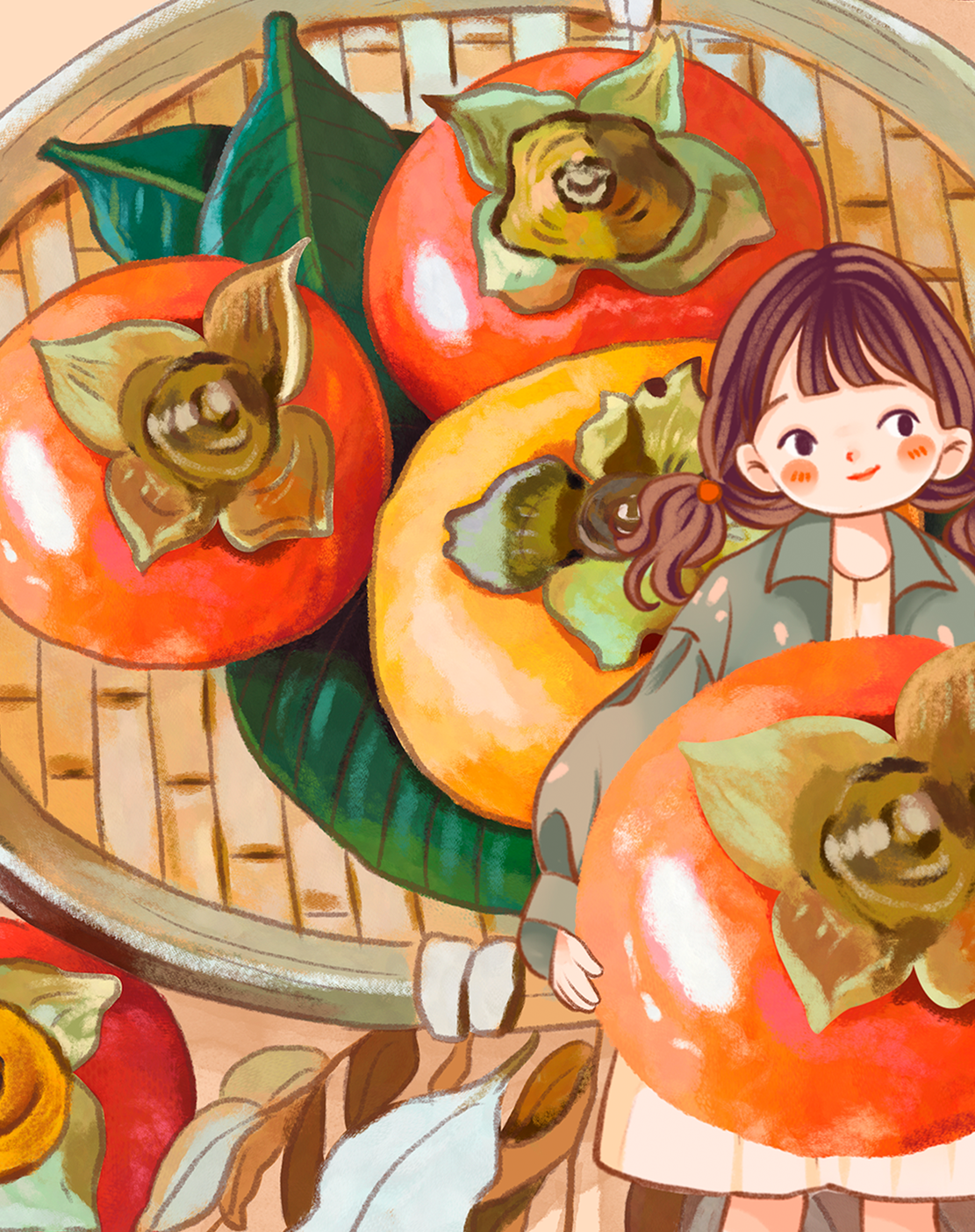 Joven sosteniendo un dátil en una escena de cosecha caprichosa