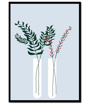 Modern Botanical Illustration with Green Leaves and Red Berries in Minimalist Vases - Mi tienda