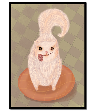 Illustration of fluffy cat with rose on a cushion