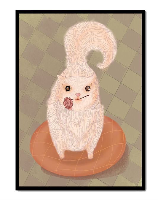 Illustration of fluffy cat with rose on a cushion