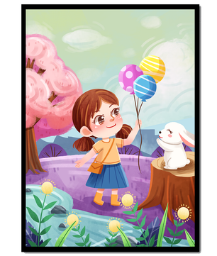 Charming Landscape with Girl Holding Balloons and White Bunny in Enchanted Forest