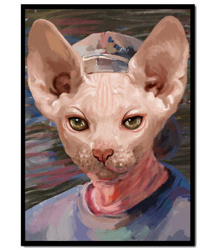 Painted portrait of a sphynx cat wearing a casual cap