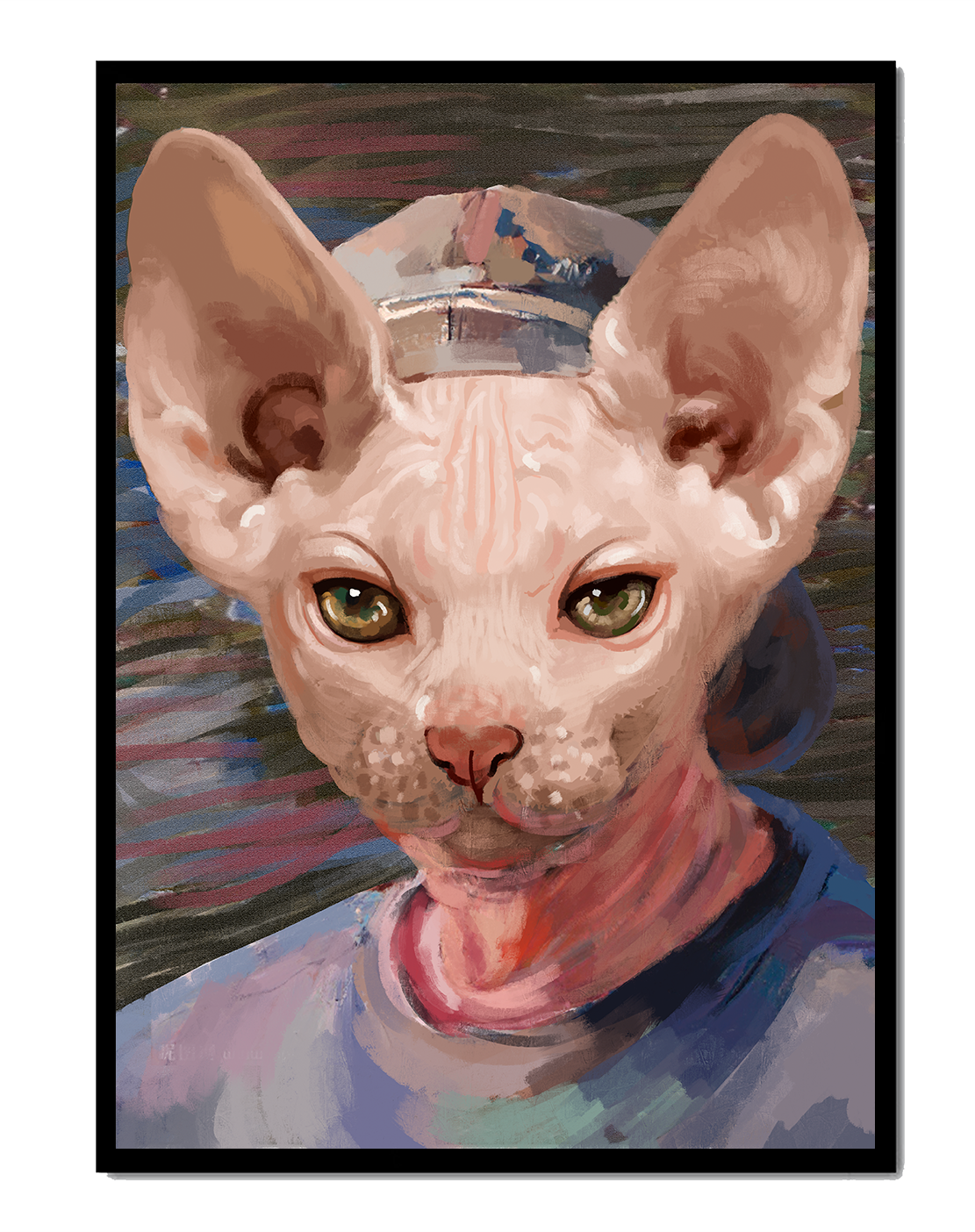 Painted portrait of a sphynx cat wearing a casual cap