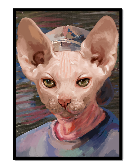 Painted portrait of a sphynx cat wearing a casual cap