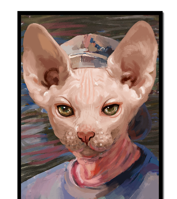 Painted portrait of a sphynx cat wearing a casual cap