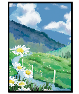 Meadow with Daisies Under Bright Blue Sky