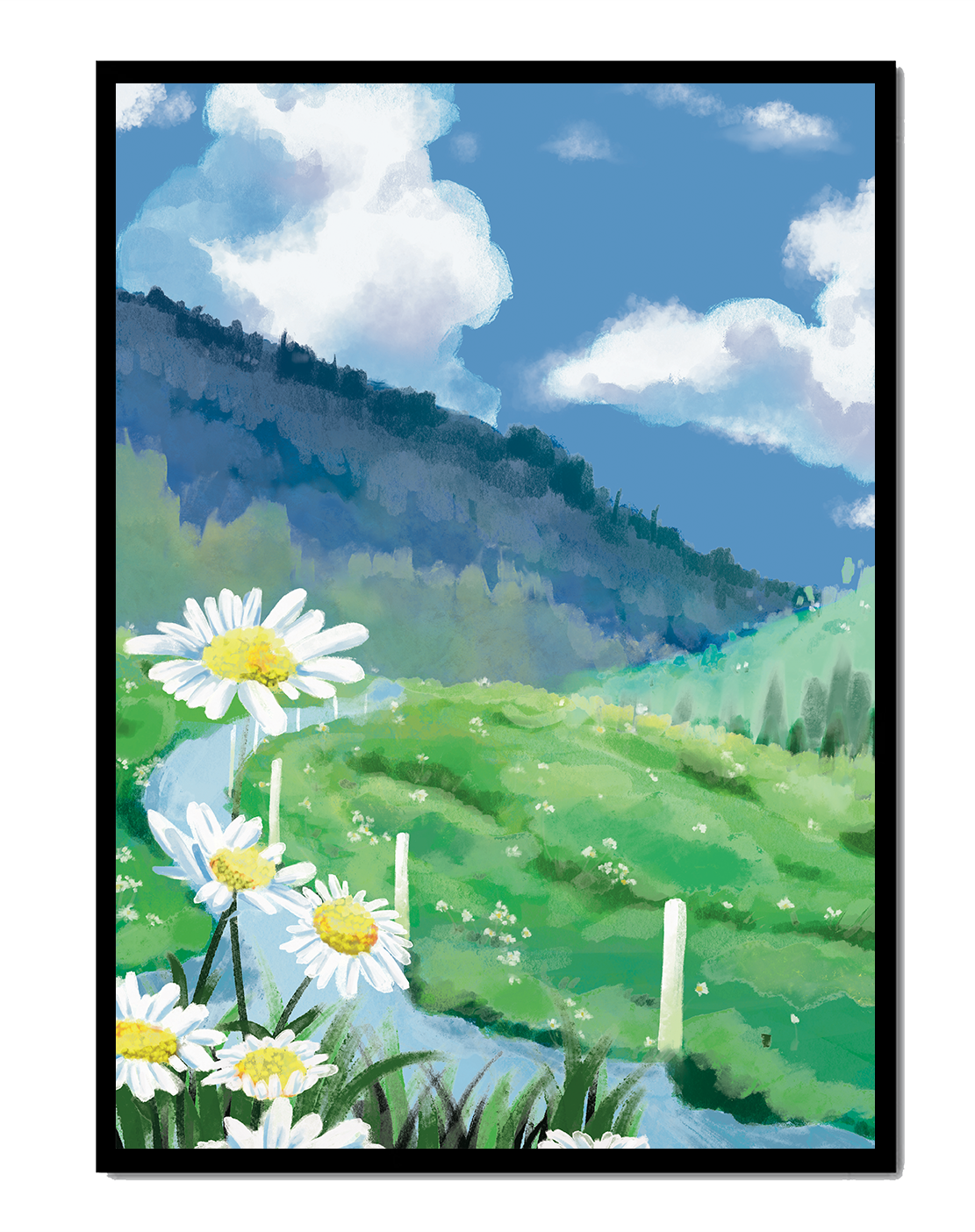 Meadow with Daisies Under Bright Blue Sky