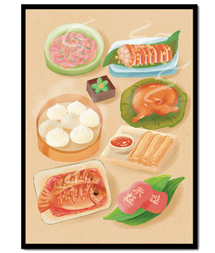Colorful Representation of Asian Cuisine with Various Dishes