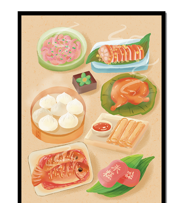 Colorful Representation of Asian Cuisine with Various Dishes