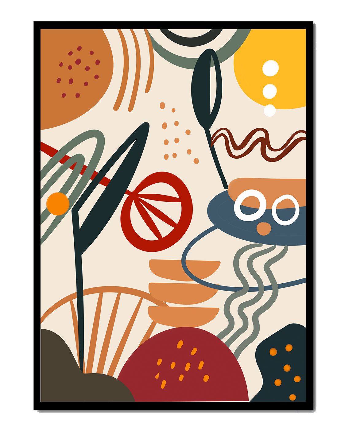 Arte geométrico abstracto con patrones y colores llamativos.