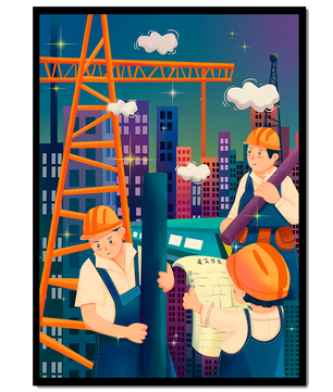Illustrated construction workers on a high-rise building site
